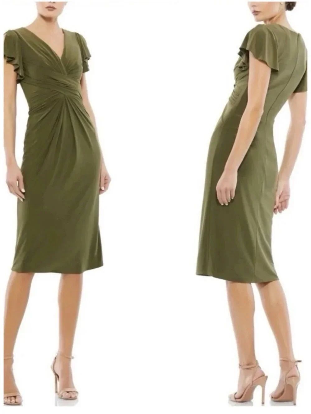 Mac Duggal 12486 Olive Flounce Sleeve Ruched Bodice Midi Dress Size 2